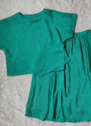 Бірюзовий зелений натуральний шовковий комплект костюм зі спідницею футболка блуза оверсайз шовк спідниця міді2 фото