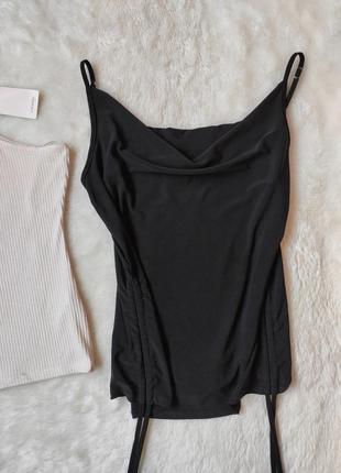 Чорна майка блуза з вирізом декольте із затяжками з боків шнурками квадратним вирізом топ стрейч5 фото