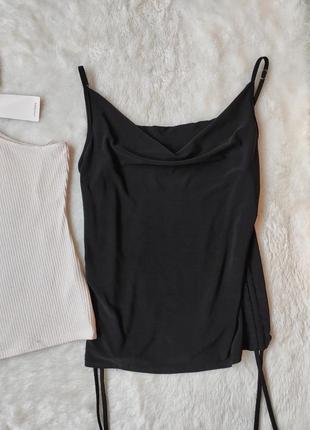 Чорна майка блуза з вирізом декольте із затяжками з боків шнурками квадратним вирізом топ стрейч4 фото