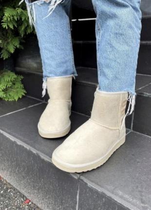 Женские угги валянки короткие бежевые бежевые лого ugg эко замша замшевые качественные светлый молочные угги зимние на меху теплые разграждай 37 38 39