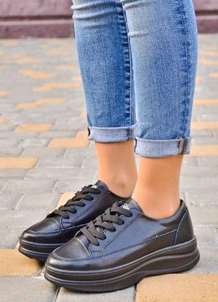Sale! женские черные кожаные кроссовки на рельефной подошве натуральная кожа весна осень2 фото