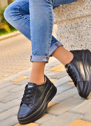 Sale! женские черные кожаные кроссовки на рельефной подошве натуральная кожа весна осень4 фото