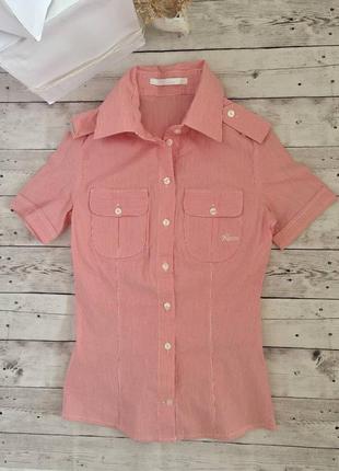 Сорочка з коротким рукавом в смужку полоска облягаюча по фігурі кишені