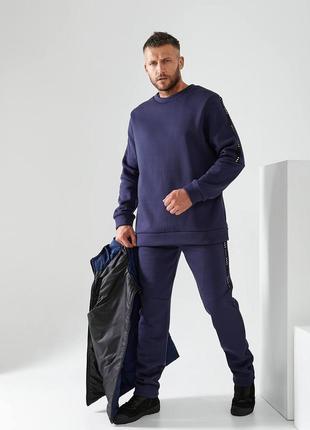 Шикарный тёплый мужской спортивный костюм тройка брюки штаны кофта свитер свитшот жилетка трикотажный на флисе хаки синий серый чёрный6 фото