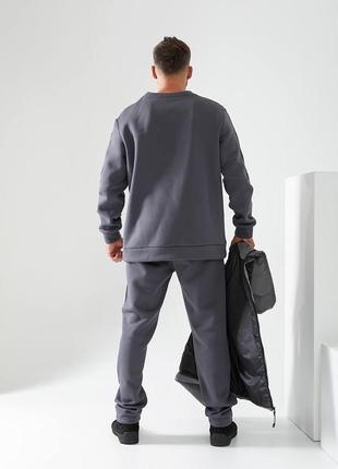 Шикарный тёплый мужской спортивный костюм тройка брюки штаны кофта свитер свитшот жилетка трикотажный на флисе хаки синий серый чёрный9 фото