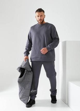 Тёплый мужской спортивный костюм тройка брюки штаны кофта свитер свитшот жилетка трикотажный на флисе хаки синий серый чёрный6 фото