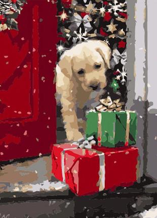 Картина по номерам щенок с подарками 30х40 см strateg