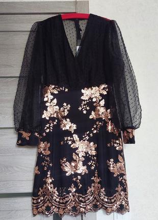 Шикарное вечернее чёрное платье миди 🔹прозрачный вверх+блестящий принт снизу miss ord(размер 40-42)2 фото