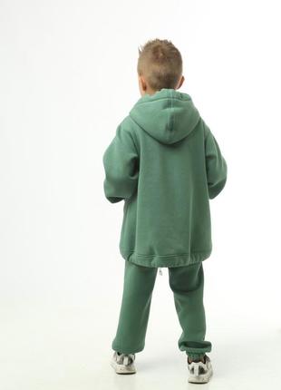 Костюм детский спортивный теплый из турецкой хлопковой ткани с начесом, худи кенгуру, штаны, зеленый2 фото