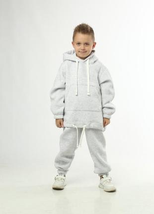 Костюм детский спортивный теплый из турецкой хлопковой ткани с начесом, худи кенгуру, штаны, серый1 фото