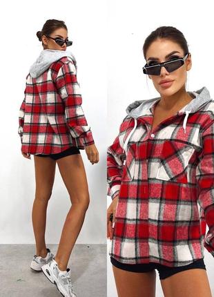 Рубашка в клетку теплая с капюшоном, почти куртка, норма и батал