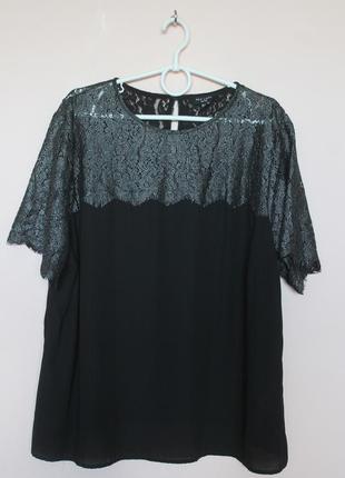 Черная шифоновая праздничная блузка, блуза с гипюром батал, черная блуза-футболка 56-58 р.