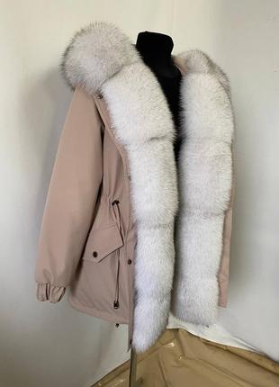 Нежное сочетание, зимняя женская парка куртка с натуральным мехом финского песца вуаль, максимально богата мехом парка6 фото