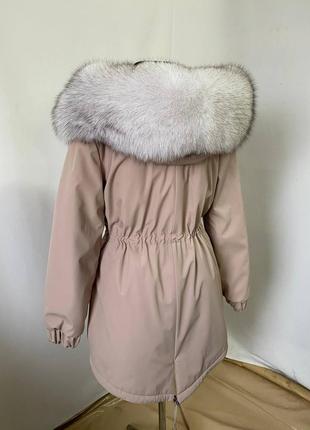 Нежное сочетание, зимняя женская парка куртка с натуральным мехом финского песца вуаль, максимально богата мехом парка4 фото