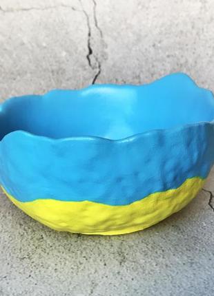 Блакитно-жовта декоративна тарілка з тризубом8 фото