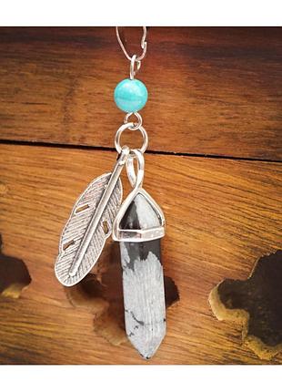Кулон "перо" вставка снежный обсидиан