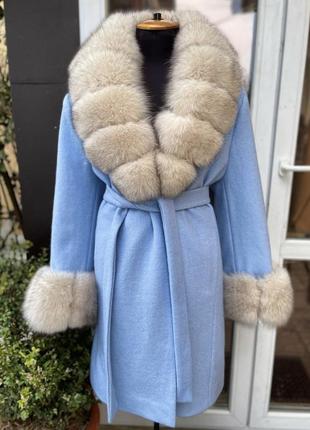 Зимнее пальто с натуральным мехом песца голубое пальто с натуральным мехом