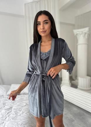 Велюровий домашній комплект четвірка. халат та піжама тріка. велюровий халат майка шорти штани7 фото