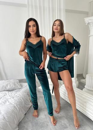 Велюровий домашній комплект четвірка. халат та піжама тріка. велюровий халат майка шорти штани3 фото