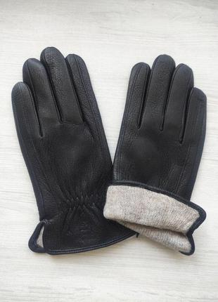 Шкіряні чоловічі рукавички з оленячої шкіри, підкладка в'язання, чорні
