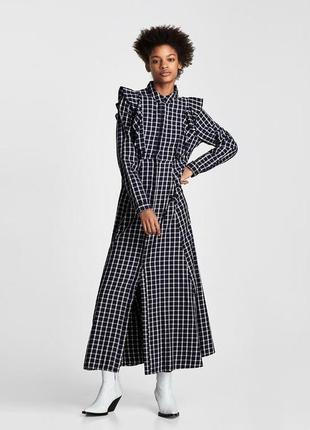 Макси-платье zara в клетку с рюшами воланами стильная длинная натуральная хлопковая