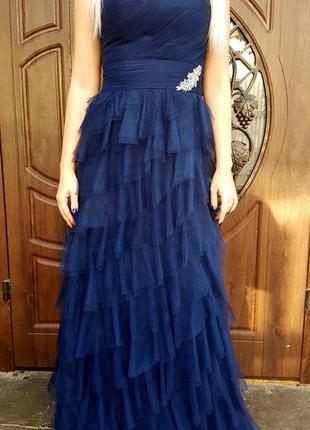 Вечернее выпускное синее платье слоями длинное в пол4 фото