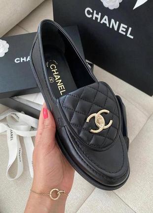 Женские черные кожаные лоферы в стиле шанель chanel мюли туфли кожа на плоской подошве