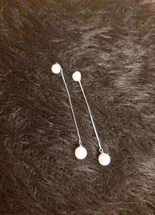 Серьги длинные с жемчугом, серебро 925