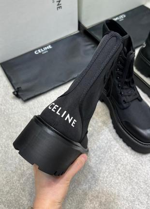 Женские черные кожаные сапоги ботинки celine из кожи и нейлона с белым логотипом селин5 фото