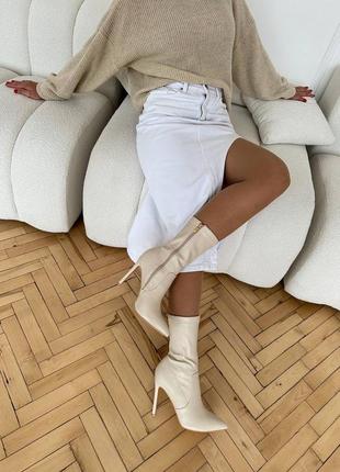 Ботильони черевики бежеві молочні на підборі шпильці стрейч панчохи