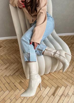 Ботильони черевики бежеві молочні на підборі шпильці стрейч панчохи