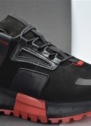 Мужские спортивные зимние кожаные ботинки черные с красным anri alexus 22570