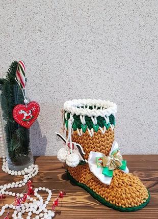 Кошик золото новорічний декор чобіт в'язаний ручна робота