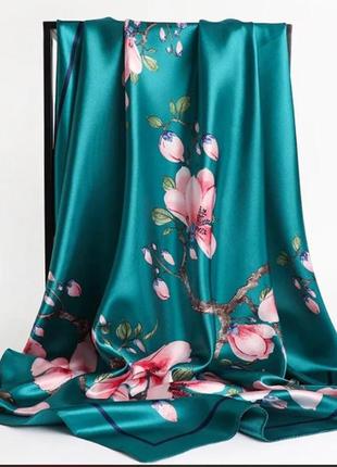 90*90 см люксовый шелковый большой женский модный шарф с узором, зеленый1 фото