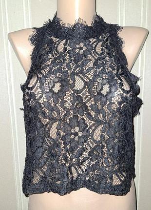 Прозрачный сексуальный кружный черный кроп-топ под горло