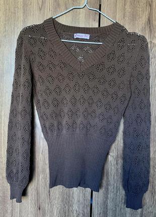Коричневый свитер с акцентом на талии, джемпер с v-образным вырезом, размер s-m4 фото