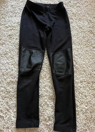 Чёрные модные лосины с кожаными наколенниками, чёрные брюки 134-140 рост
