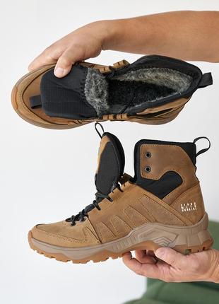 Бежевые мужские ботинки, кроссовки зимние, напол берцы песочные, кожаные, логовая обувь на зиму 2023-245 фото