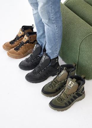 Бежевые мужские ботинки, кроссовки зимние, напол берцы песочные, кожаные, логовая обувь на зиму 2023-246 фото