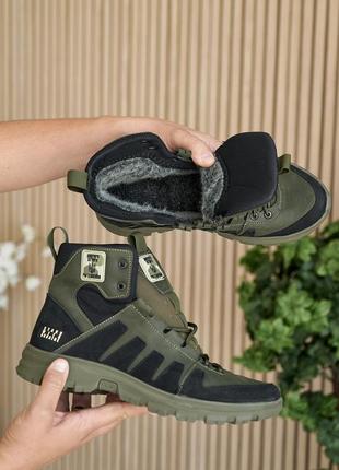 Стильные мужские ботинки хаки, кроссовки зимние, напольные ботинки,черные, кожаные, логовые обувь на зиму5 фото