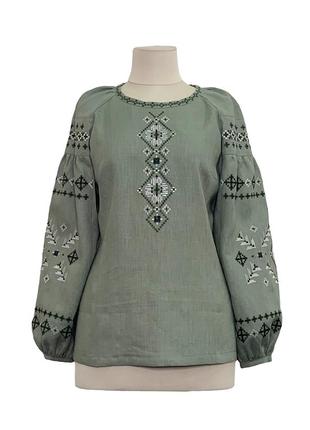 Блуза маречка хаки с вышивкой, вышиванка, льняная, галерея льна, 42-54рр.4 фото