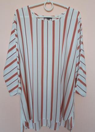 Белая в коралловую полоску удлиненная блузка, блуза с пояском, полосканая блуза 52-54 г.