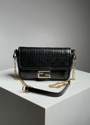 Женская сумка fendi baguette black leather bag, сумка фенди, кросс боди, брендовая сумка, сумка на плечо