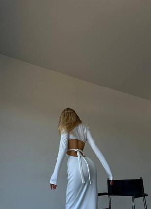 Обтягивающее белое платье миди с открытой спинкой трикотаж рубчик премиум ⚜️ осеннее вечернее платье4 фото