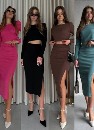 Женский костюм рубчик юбка миди+ кофта фисташка, шоколад, черный, малина