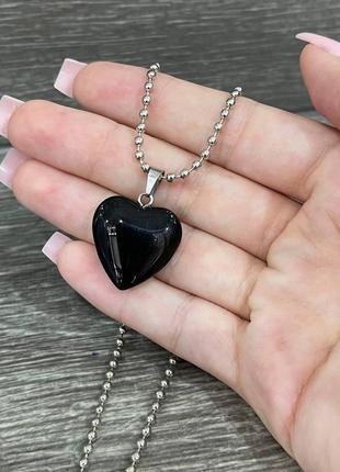 Оригинальный подарок девушке - натуральный камень чёрный агат кулон в форме сердечка на цепочке в коробочке2 фото