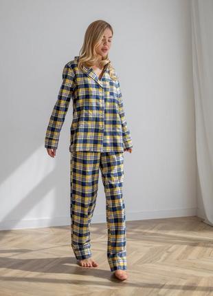Liza 20692 супер крутая пижама байка в клетку рубашка брюки желтая с синим