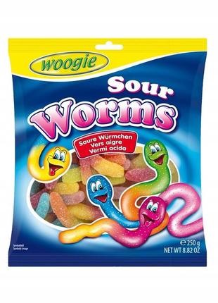 Цукерки желейні черв'ячки woogie worms, 250 г, німеччина, жувальні цукерки у формі черв'яків