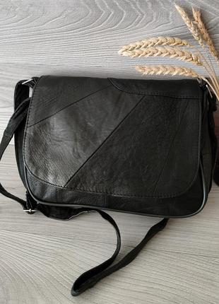 Сумка женская из натуральной кожи черная стильная сумочка через плечо на каждый день для девушки кожаная сумка