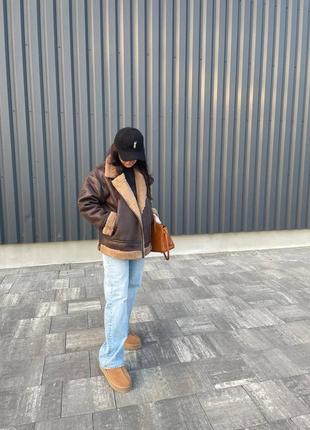 Стильная дубленка из экокожи на меху, женская куртка авиатор дубленка9 фото